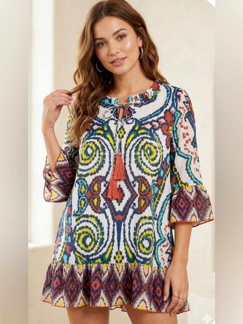 NAUDIC Hacienda Tunic Ikat
Blue  Tassels Cotton
3/4 sleeve medium